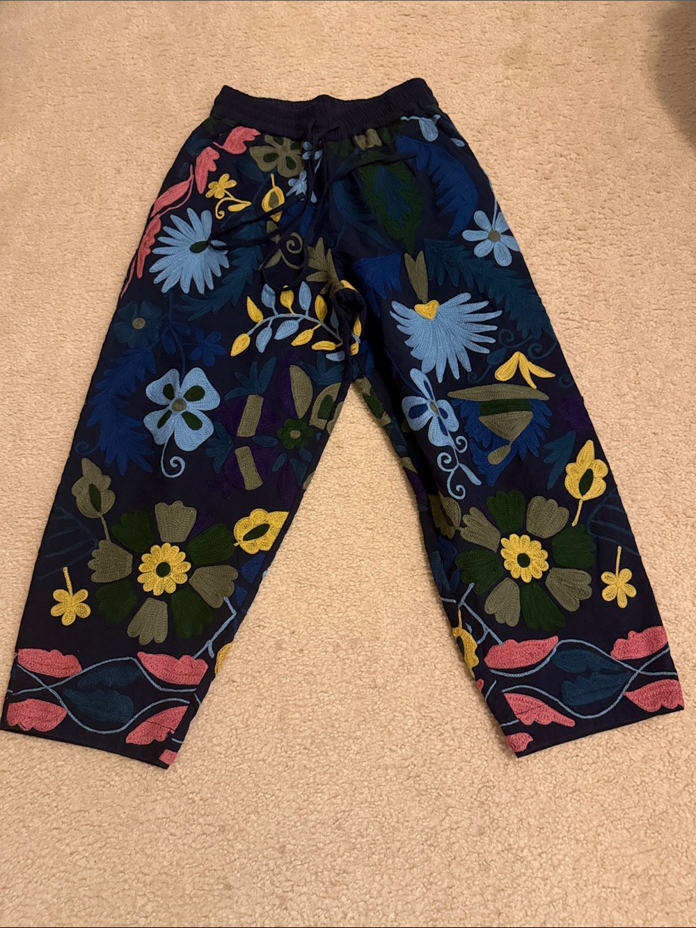 Floral Embroidered Navy Cropped Pants